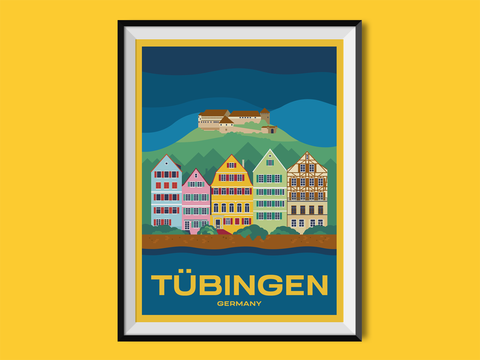 Tübingen buildings germany historic holiday illustration romantic sights street timberframe travel poster