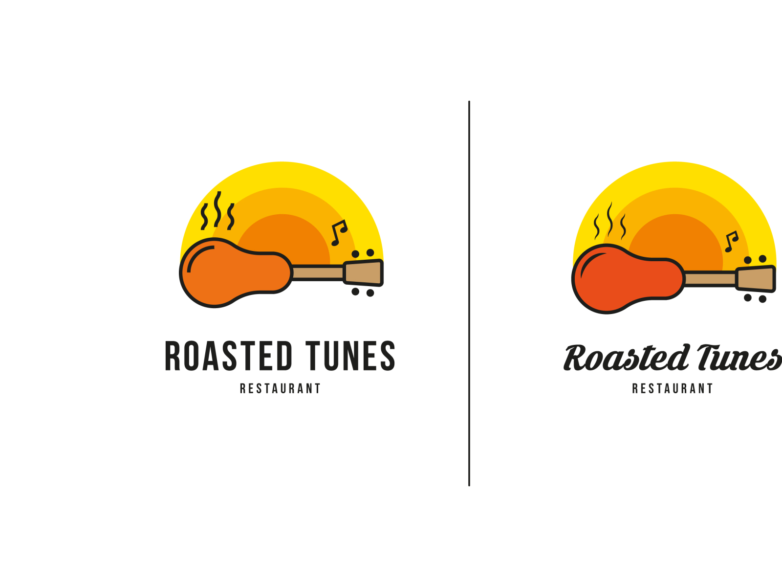 Roasted Tunes Restaurant Logo branding business logo creative custom logo fastfood food graphic design guitar logo music musical restaurant unique vector