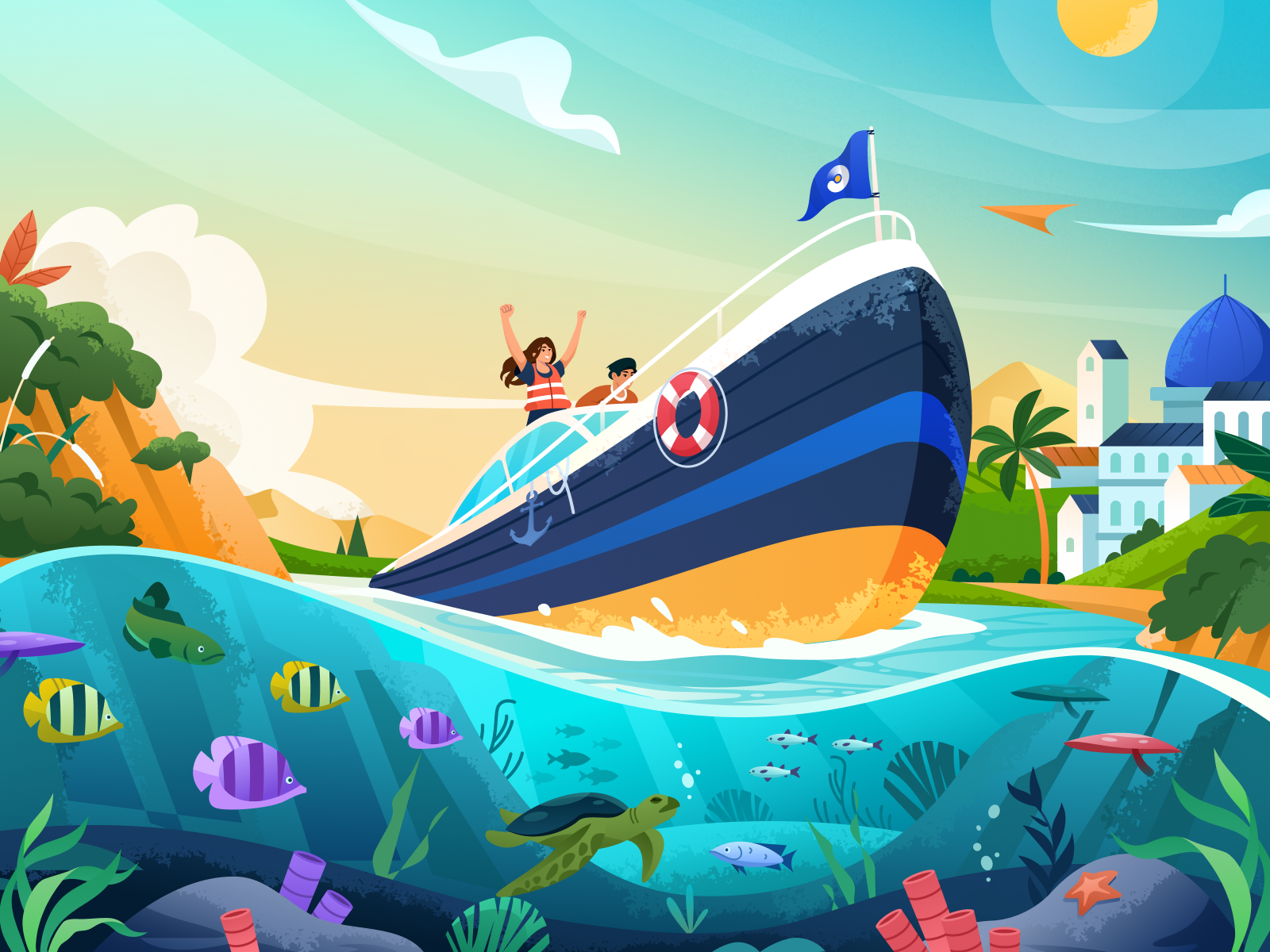 Marine Voyage ⛵️ animal boat fish illustration illustrator nature ocean orely sea sky turtle yacht