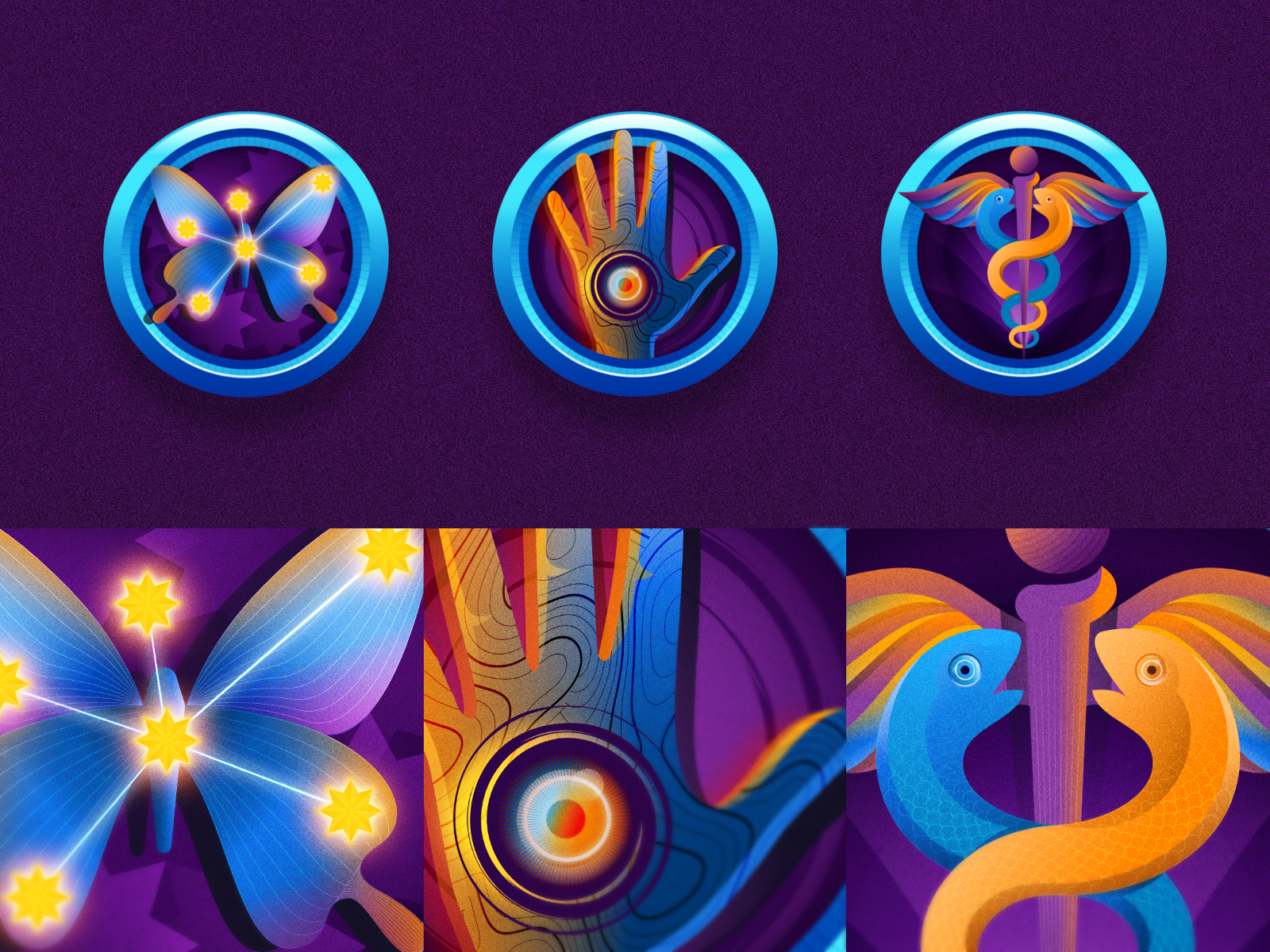 Mystic achievement icons. Heavenly Geometry, Sorcerer and Healer achievement affinity designer butterfly icon caduceus dark gamification graphic design healer icons illustration mystic sorcerer hand textured icons vector