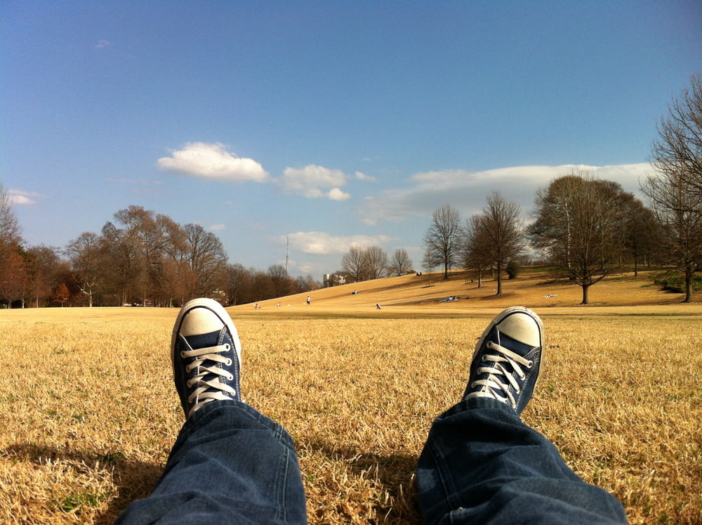 青と白のコンバースオールスターシューズを履いて、昼間は茶色の芝生の上に座っている人