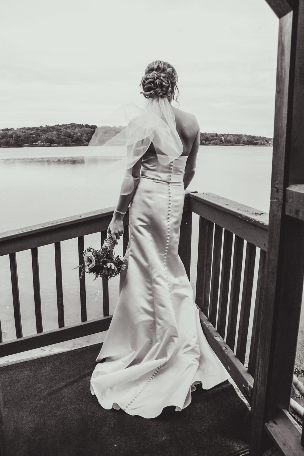 grayscale photography of bride