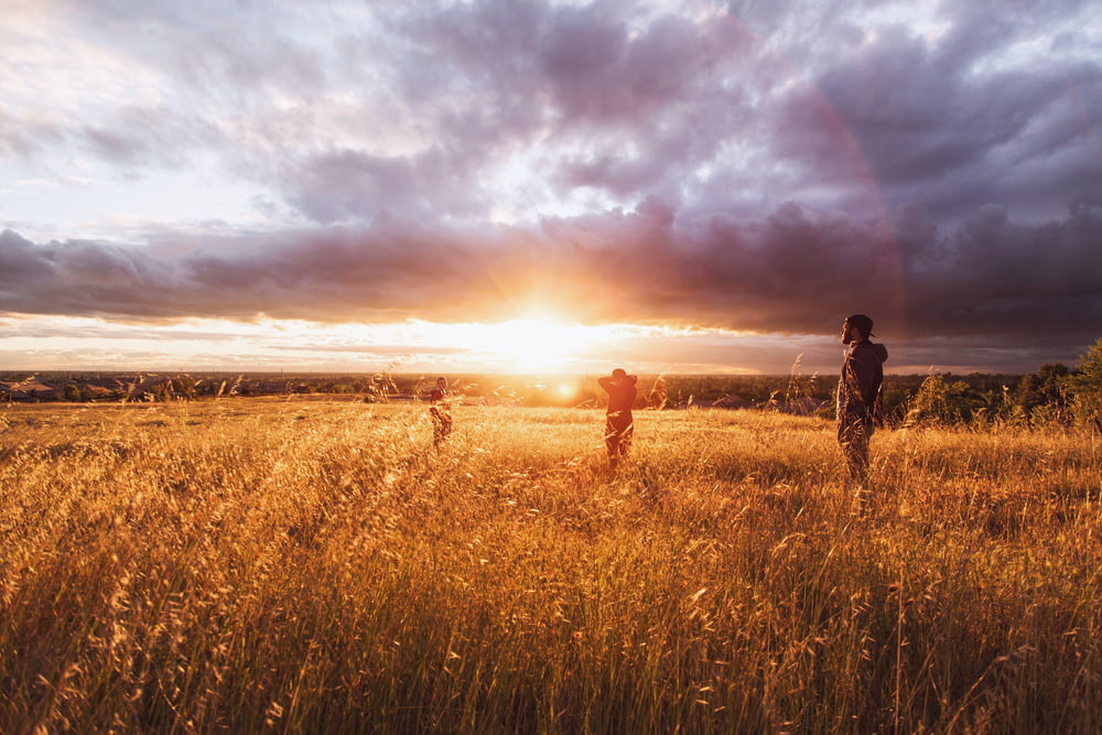 tres personas de pie en la hierba marrón bajo las nubes blancas durante la puesta del sol