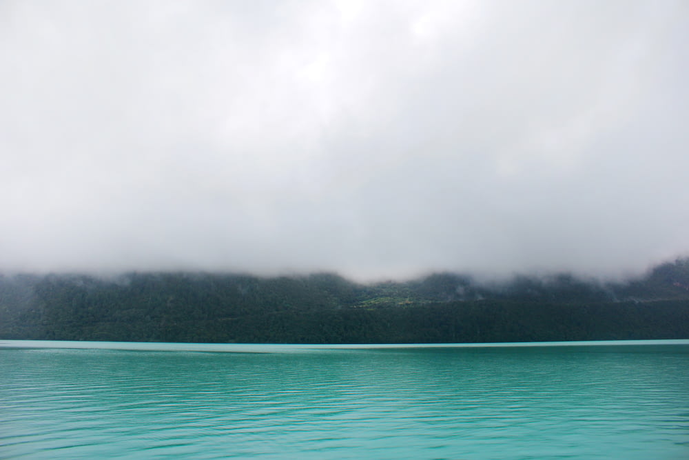 teal waters near land with mist