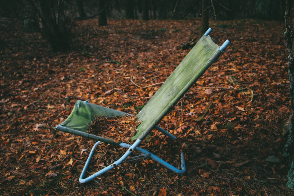 Chaise longue pliante sur feuilles séchées