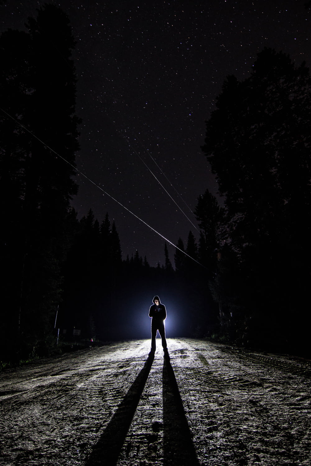 man standing on pathway during nighttime