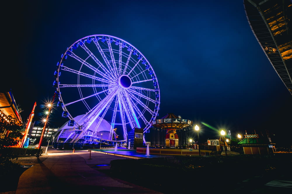 blue lighted ferris wheel
