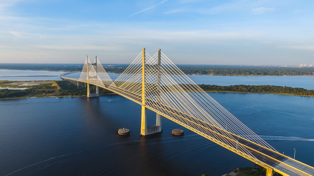 aerial photography of yellow bridge surrounded by body of water