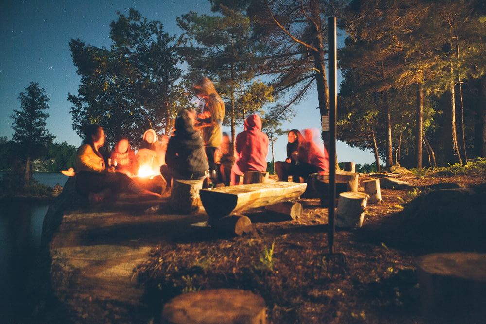 야간에 나무 근처의 모닥불 근처에 있는 사람들의 그룹