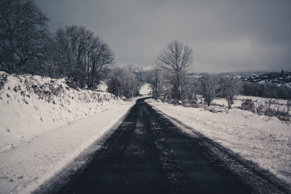 asphalt road across snowy field