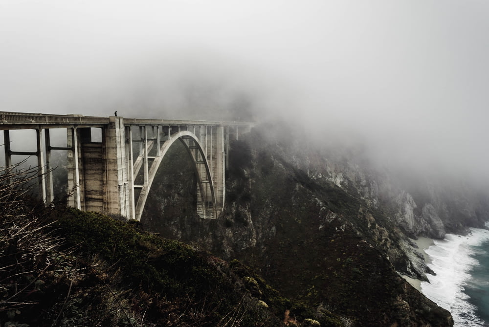 white concrete bridge covered with fogs
