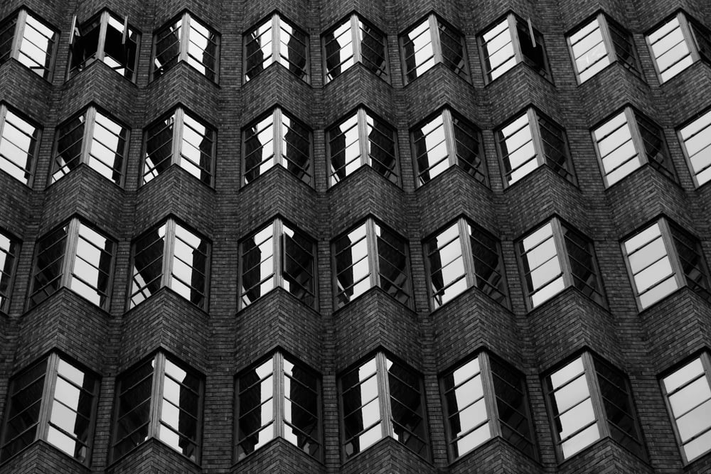 grayscale photography of city building