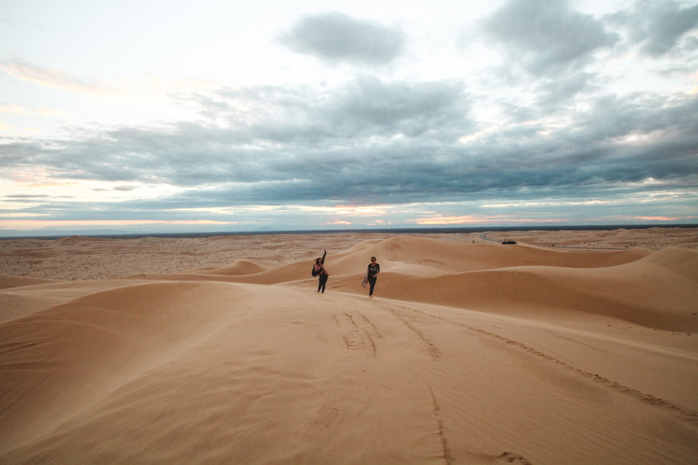 2 persone che camminano sulla spiaggia di sabbia marrone durante il giorno
