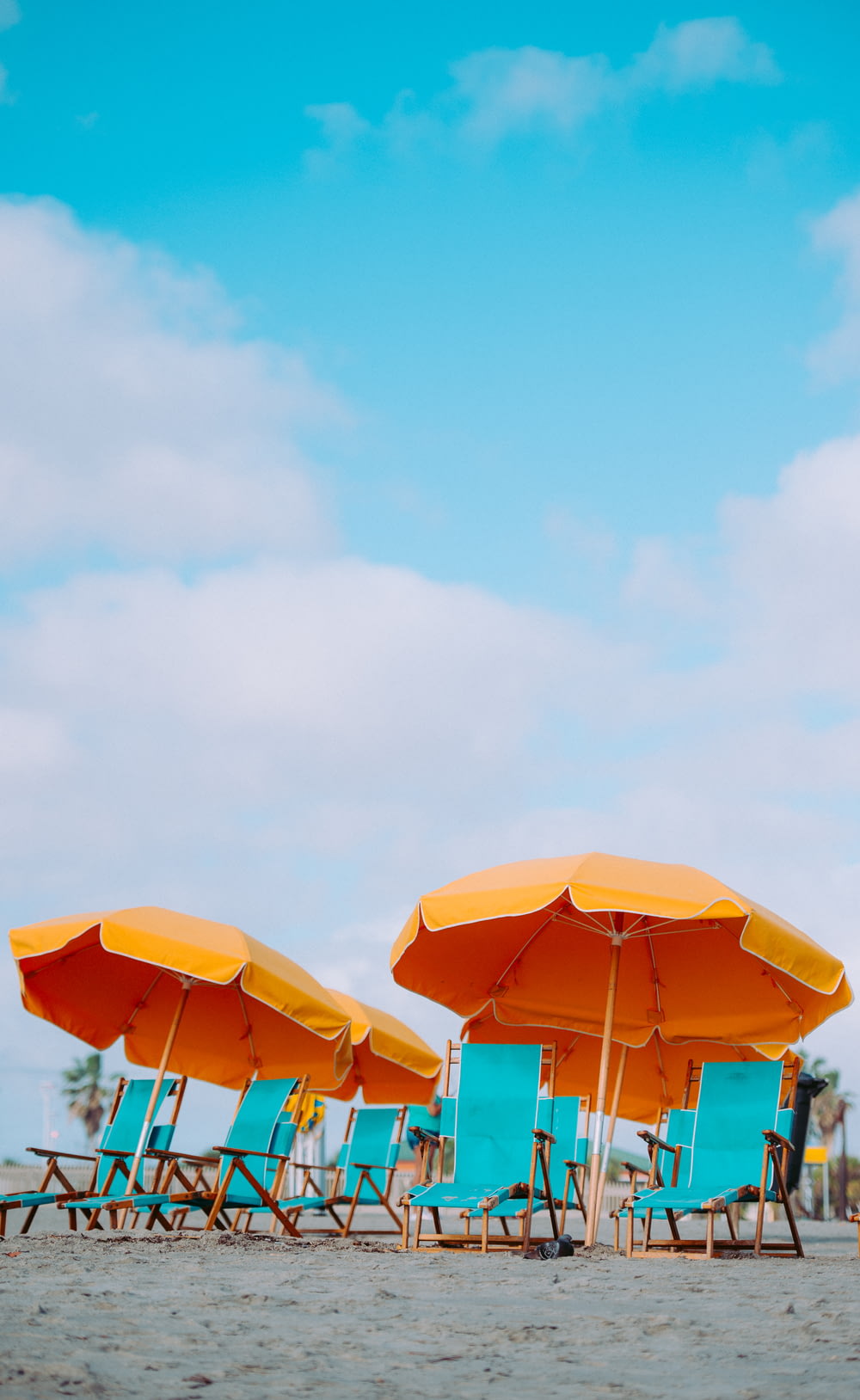 closeup photo of lounger chairs and beach umbrellas
