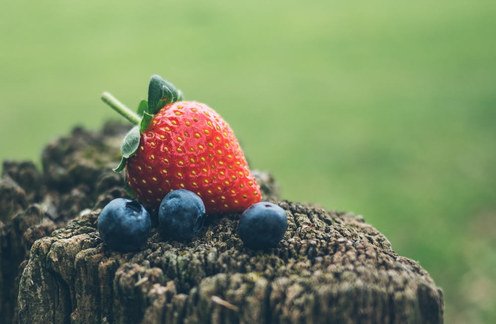 strawberry and three blueberries in closeup photography