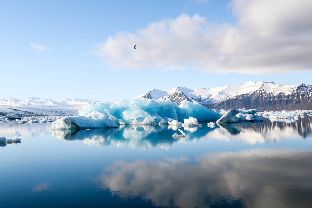 Icebergs y montañas alpinas frente a masas de agua tranquilas