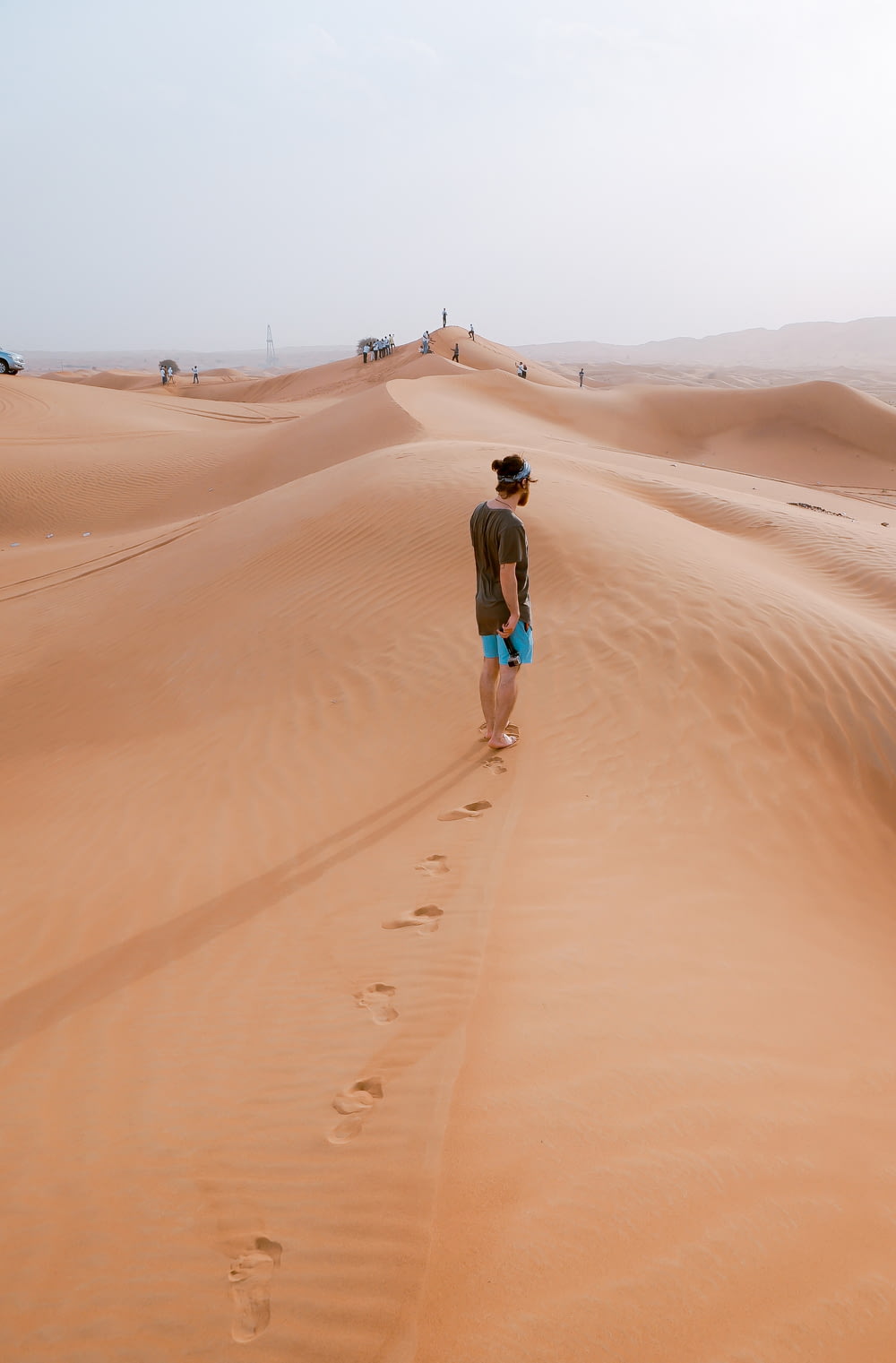 person standing on sand dune