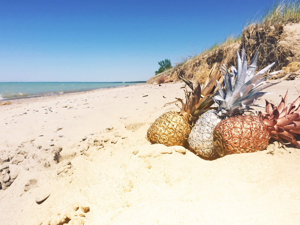 three pineapples on sand beach