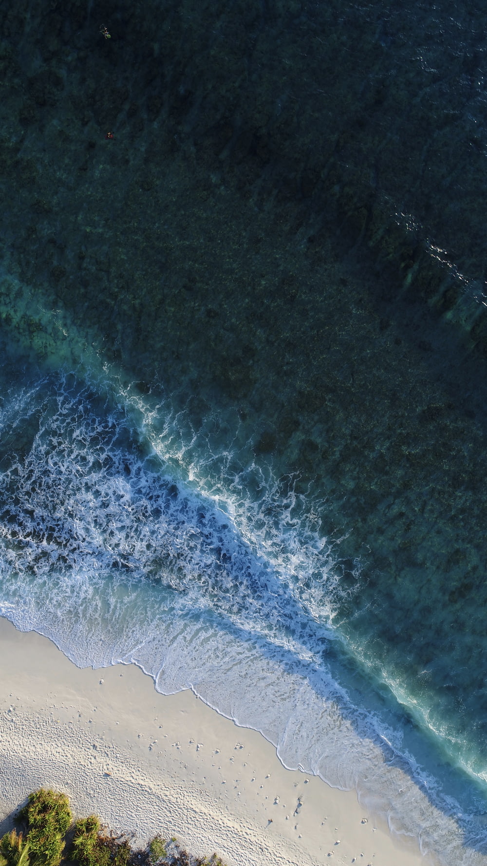 ターコイズブルーの穏やかな海の波が白い砂浜に飛び散る 航空写真