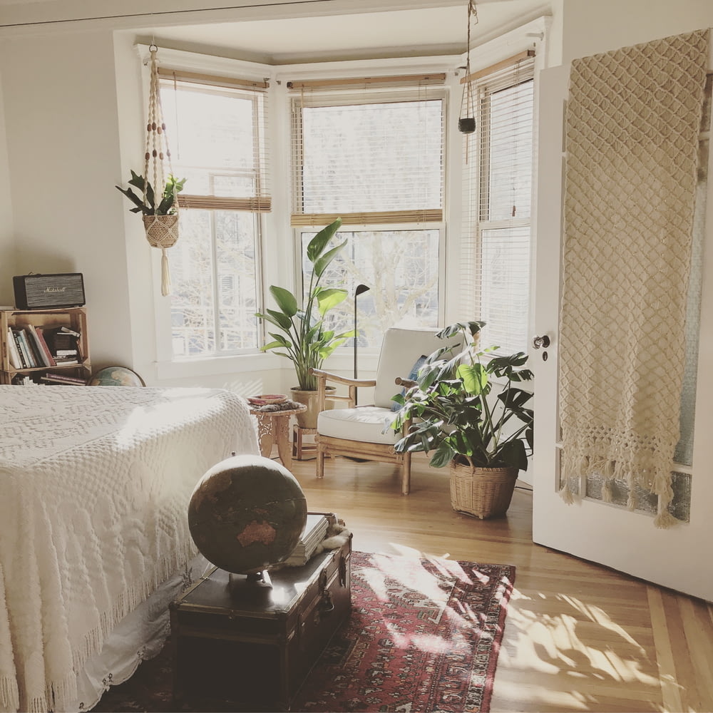 Silla acolchada blanca con marco de madera marrón entre plantas verdes de hojas de interior dentro del dormitorio