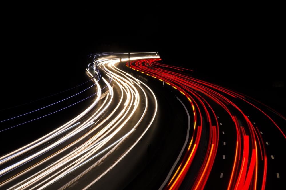 high-angle photography of road at nighttime