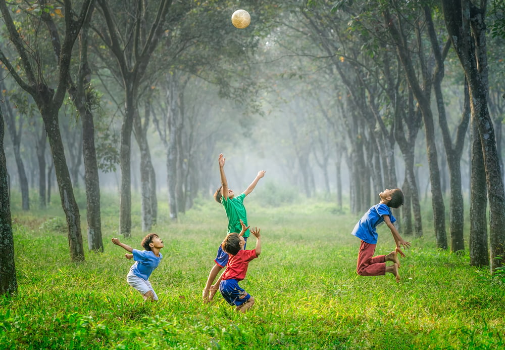 緑の芝生の上でボールをプレーする4人の少年