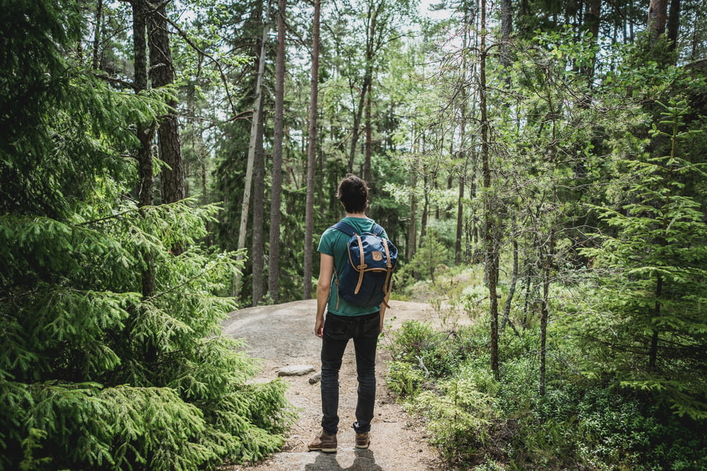homme portant un sac à dos bleu marchant à travers la forêt