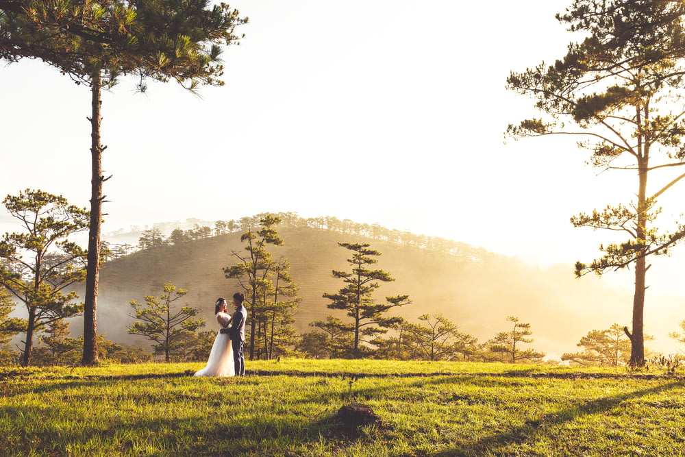 groom and bride standing on green grass field while cuddling and with mountain and trees at the distance during daytime