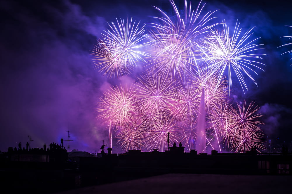 silhouette of buildings with purple and pink fireworks display