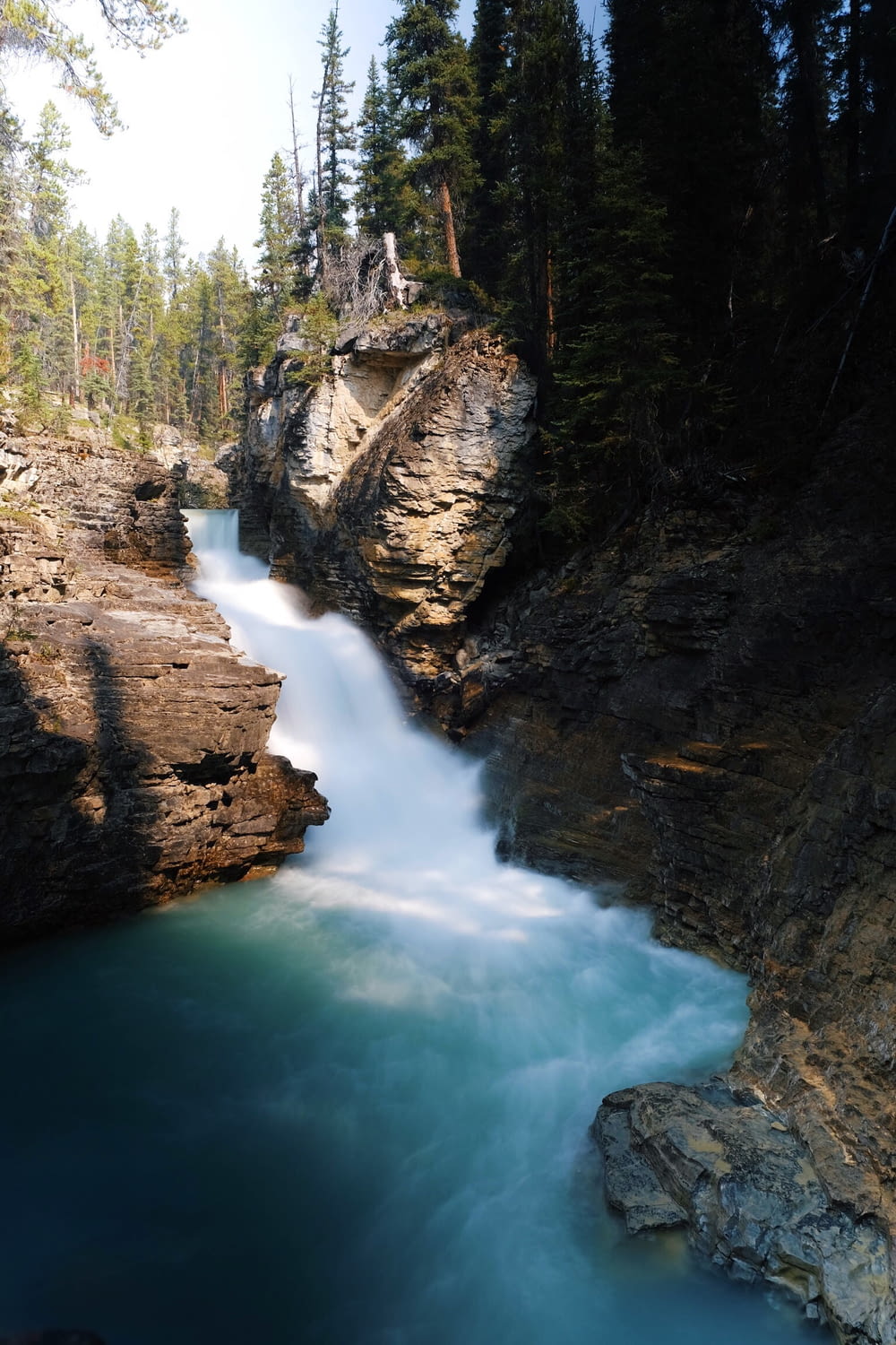 time-lapse photography of waterfalls near trees