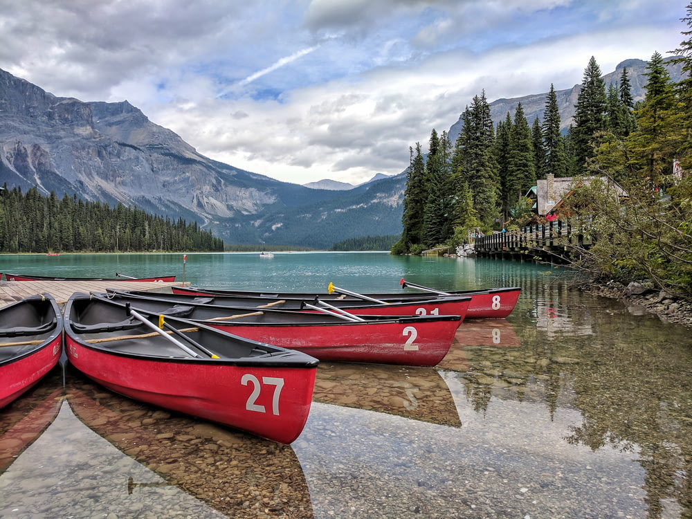 four red canoes on body of water