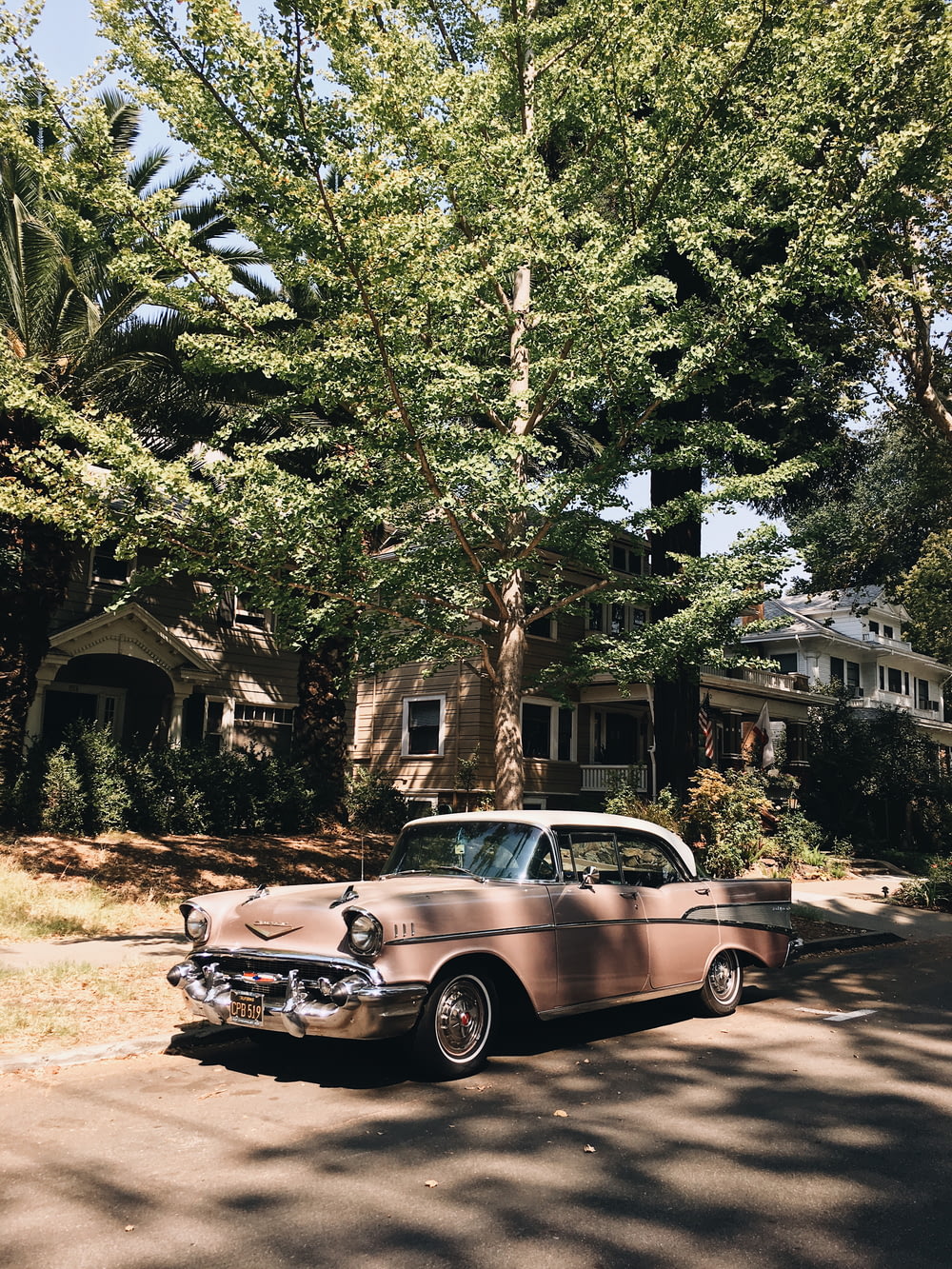 vintage pink sedan parked in front of tree