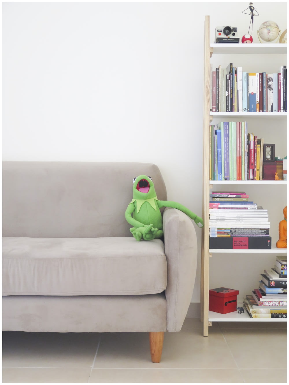 Il peluche dei Muppets Kermit su divano grigio