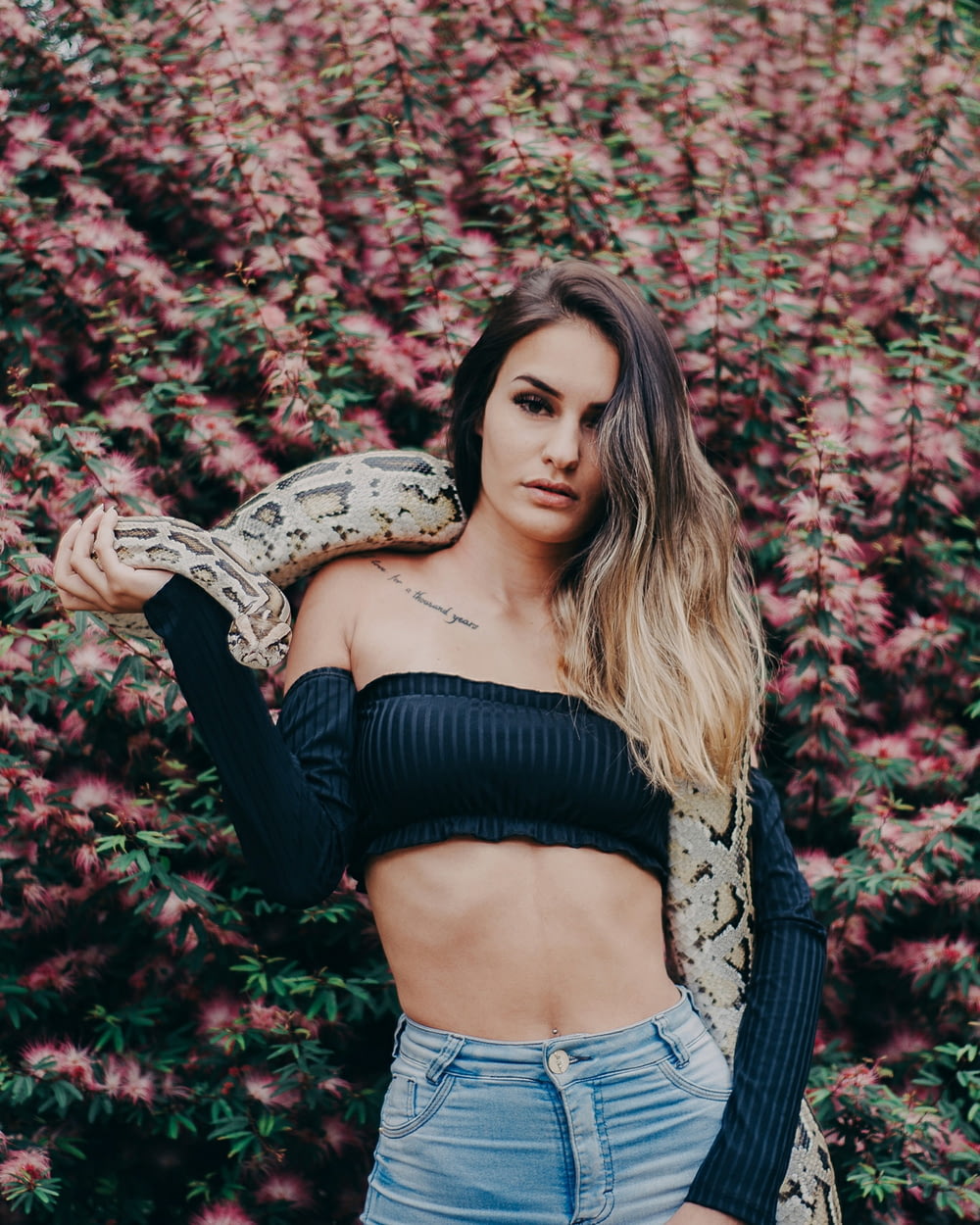 Femme tenant un serpent python près de fleurs pétales roses