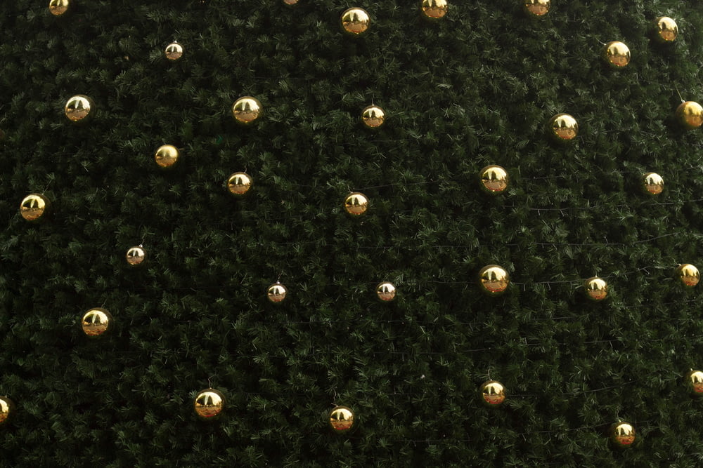 a close up of a green wall with gold balls on it