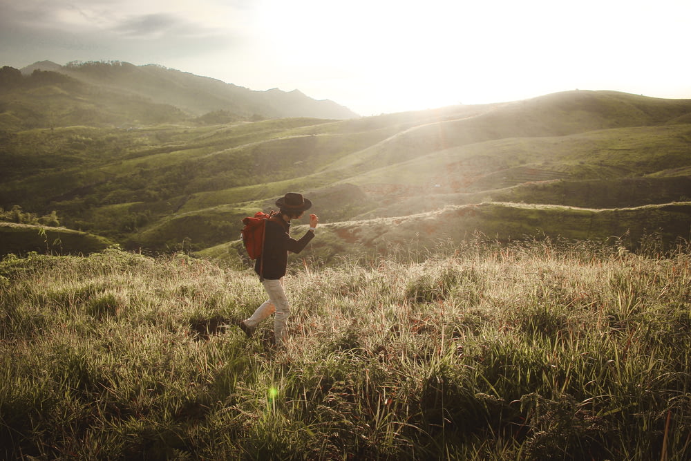 person walking in the middle of mountain grass field