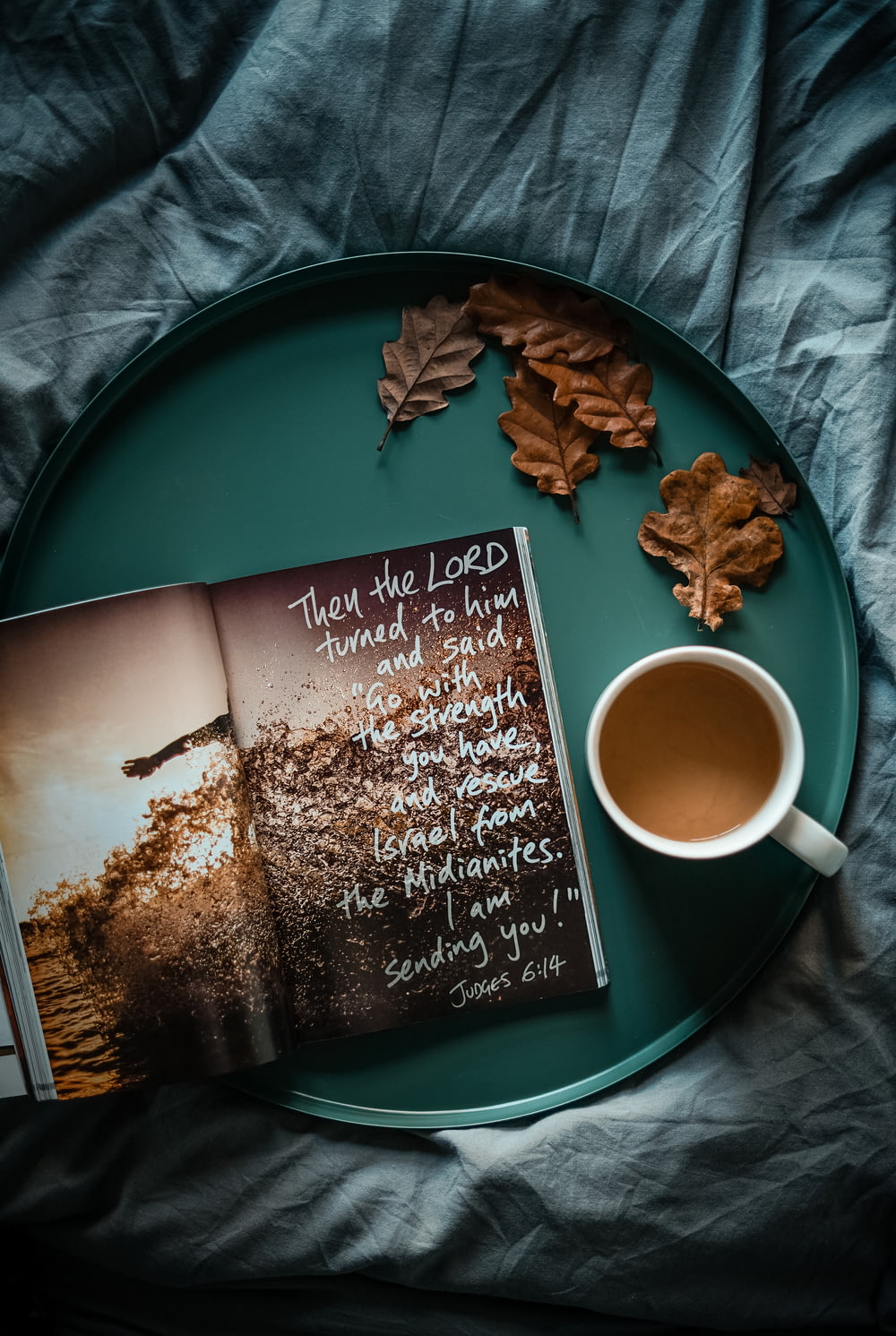 flat lay photography of cup and book