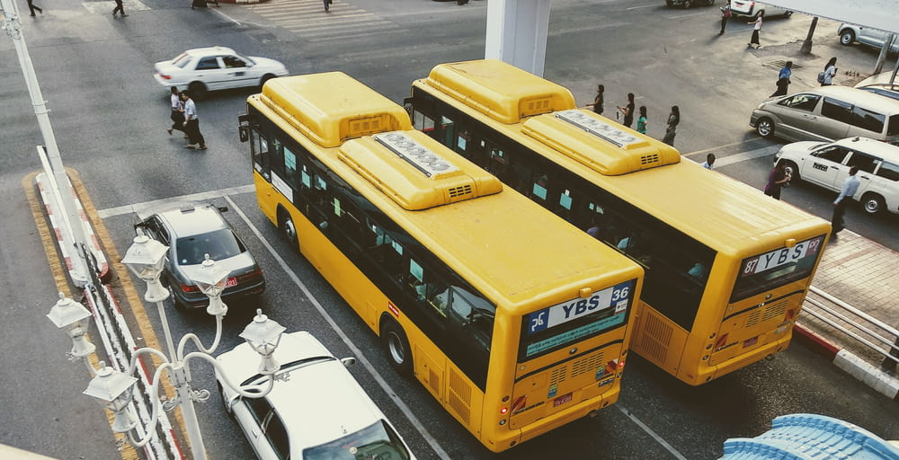 Deux bus à côté de voitures blanches