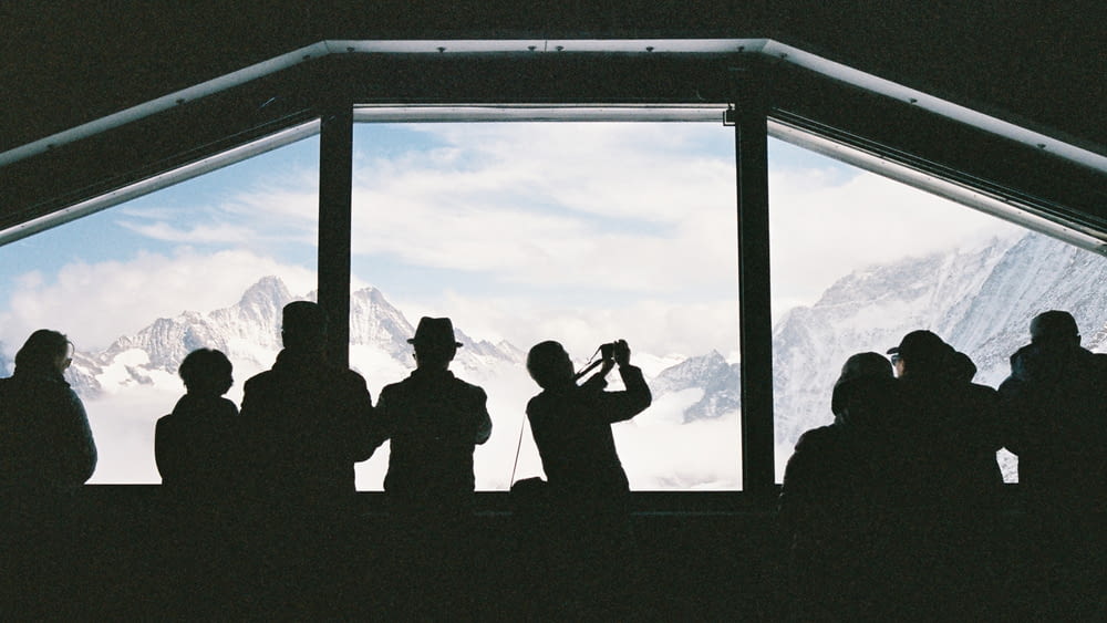 silhouette of people looking outside window