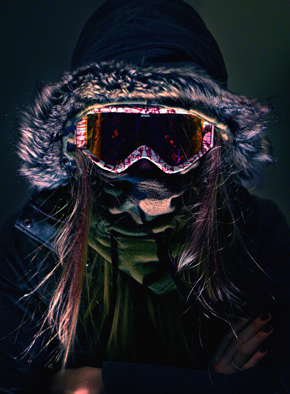 person wearing parka jacket and snow goggles