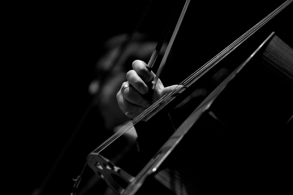 ヴァイオリンを弾く人のグレースケール写真