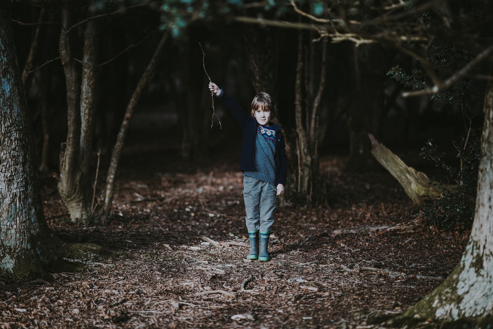boy holding tree branch inside the forest