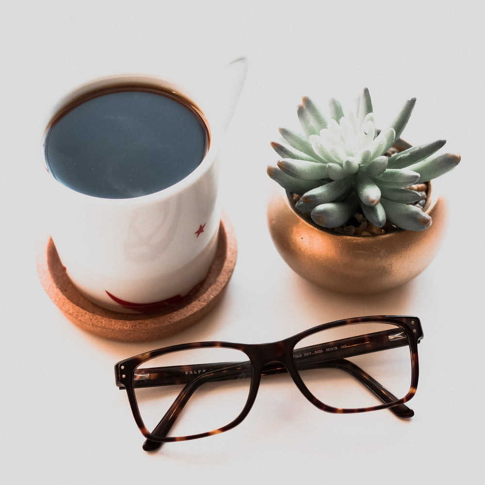 top view photo of eyeglasses beside succulent plant and coffee