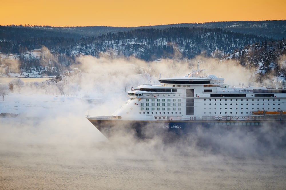 white and bleu cruise ship near mountain at daytime