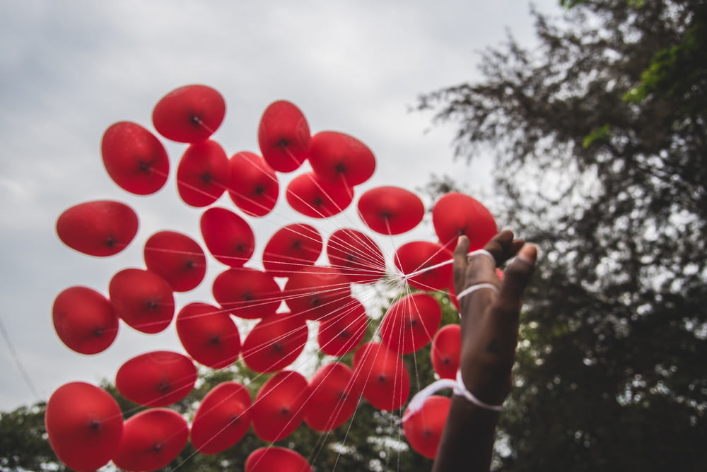person hand holding red balloons