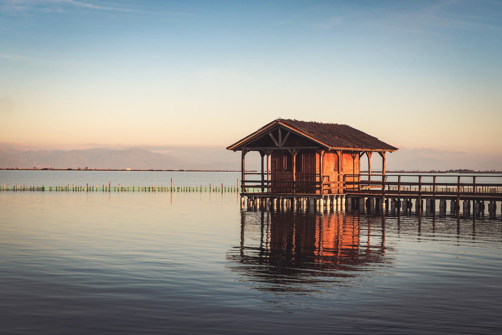 brown wooden cottage on body of water