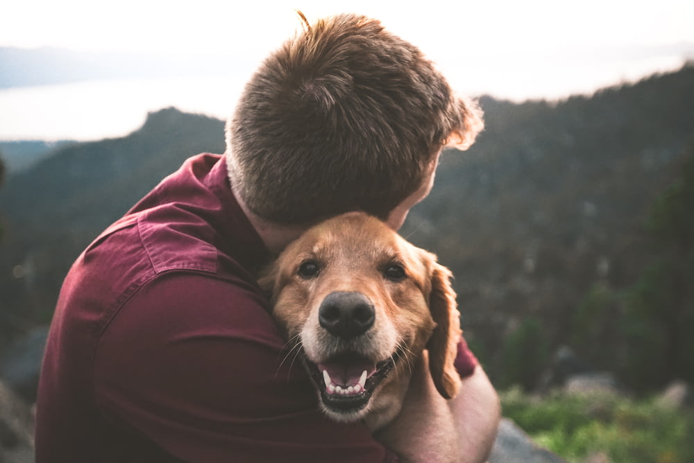 Foto eines Mannes, der braunen Hund umarmt