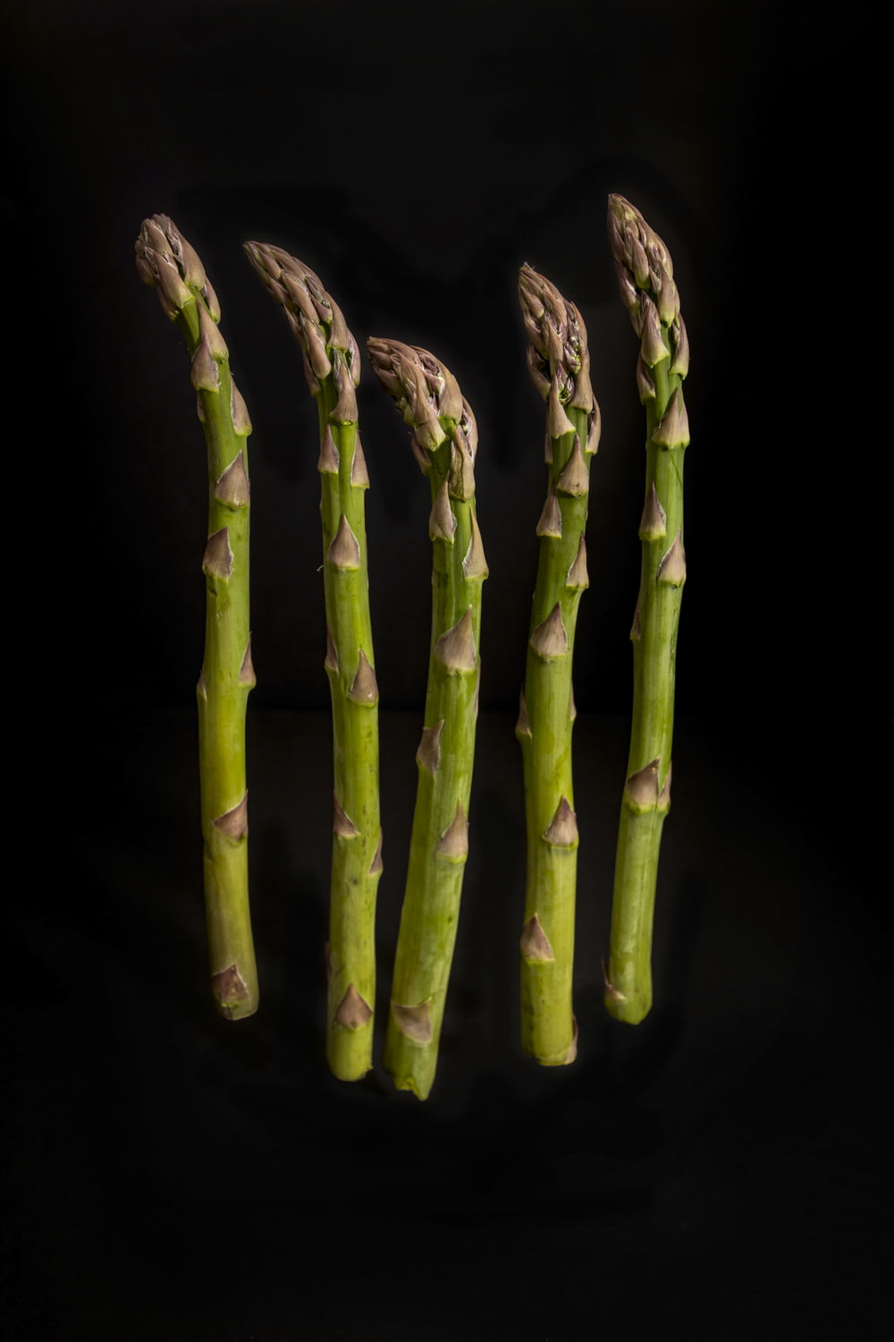 six green-and-brown asparagus with black background