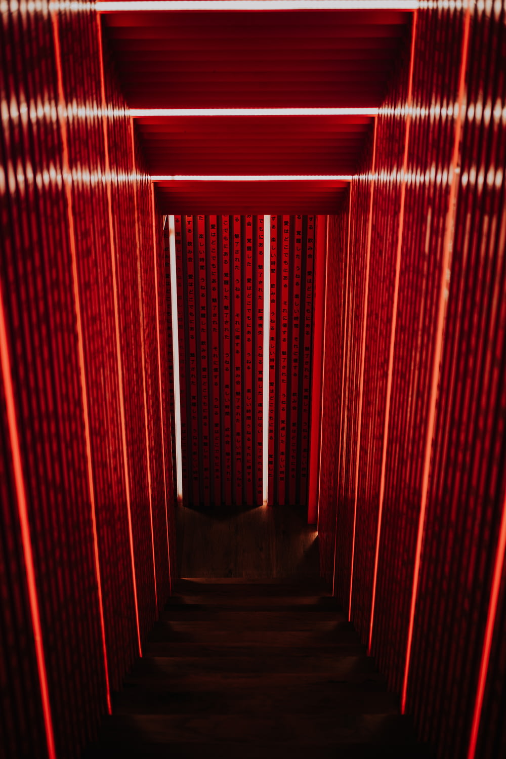 빨간 벽이 있는 회색 좁은 계단