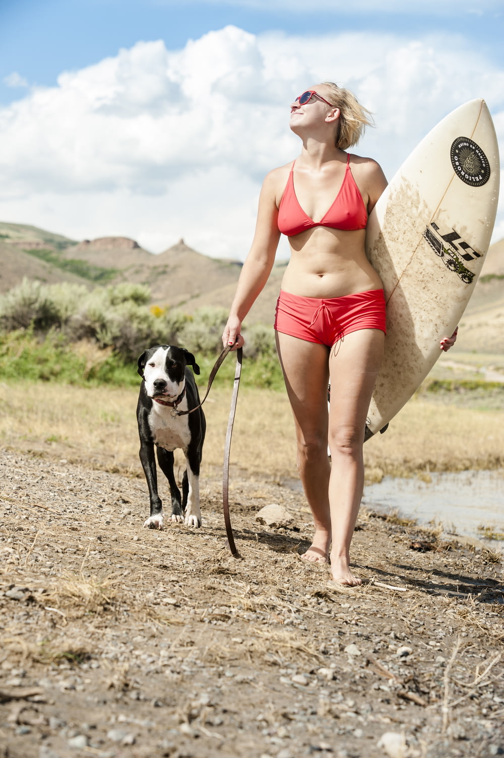 woman walking on shore with dog
